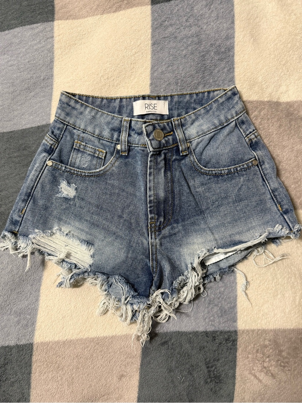 Distressed High-Waist Denim Shorts in Light Blue